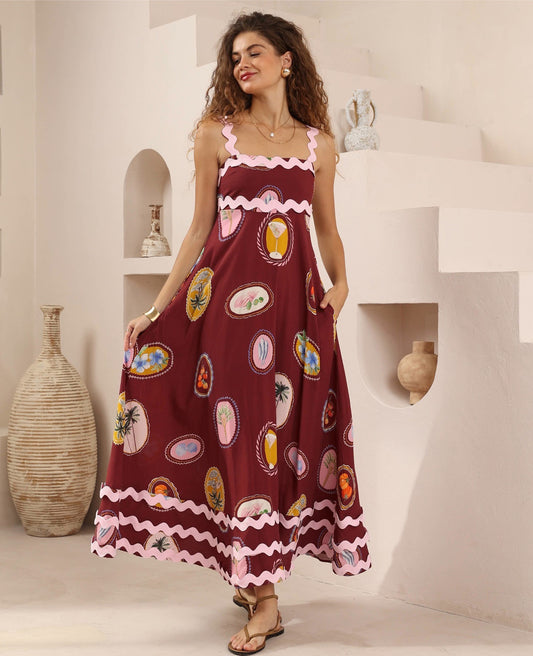 Sicilian Sun Dress - Wine Print