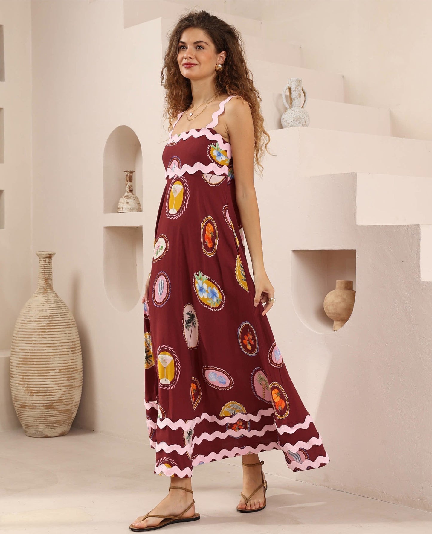 Sicilian Sun Dress - Wine Print