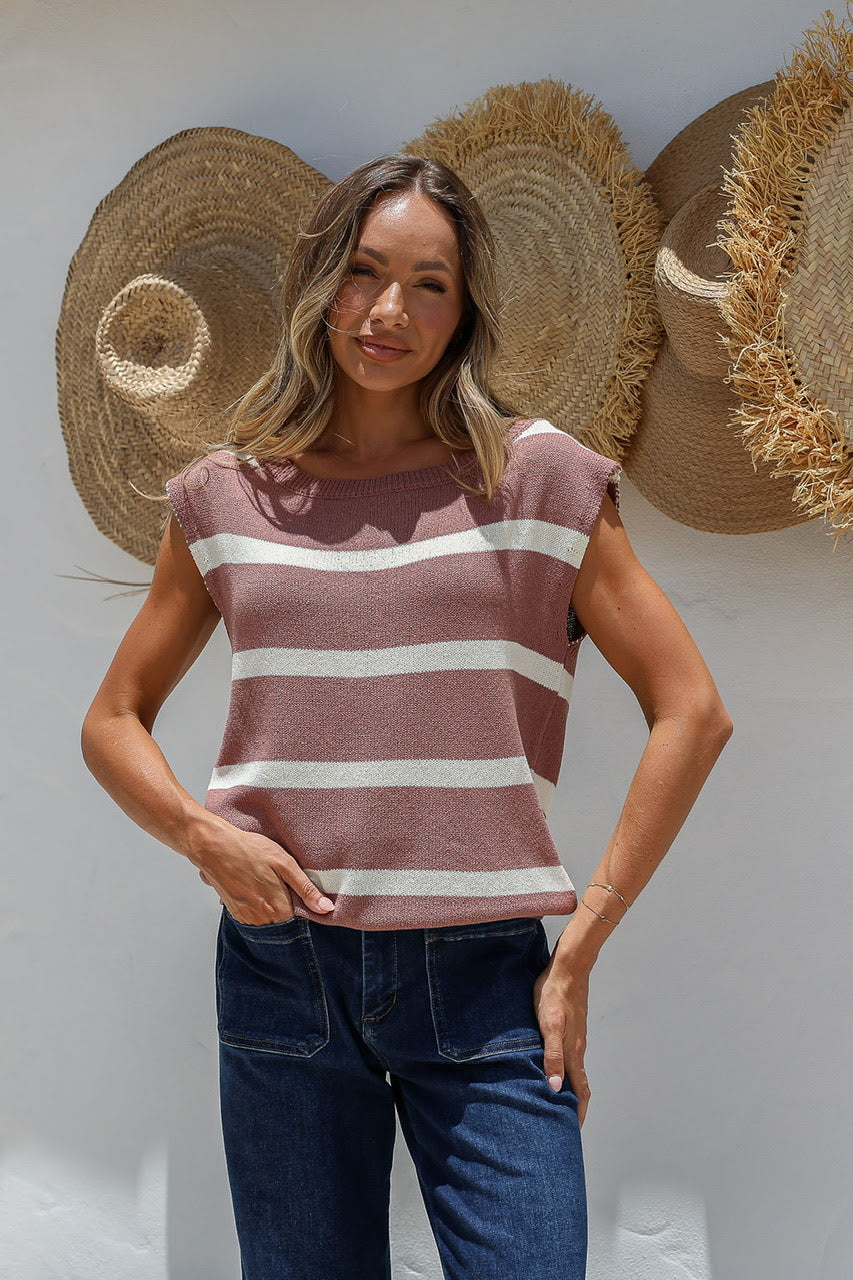 Taryn Slouch Short Sleeve Knit - Mocha Stripe