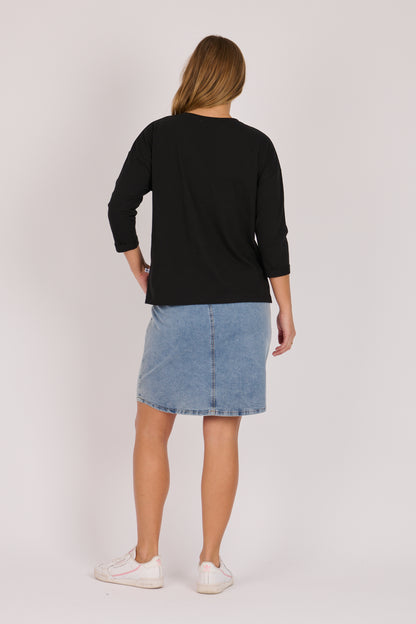 V Neck 3/4 Cuff Sleeve Top - Black