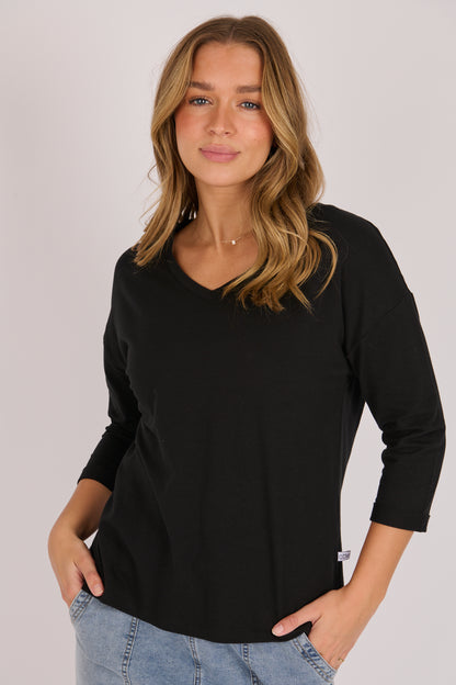 V Neck 3/4 Cuff Sleeve Top - Black