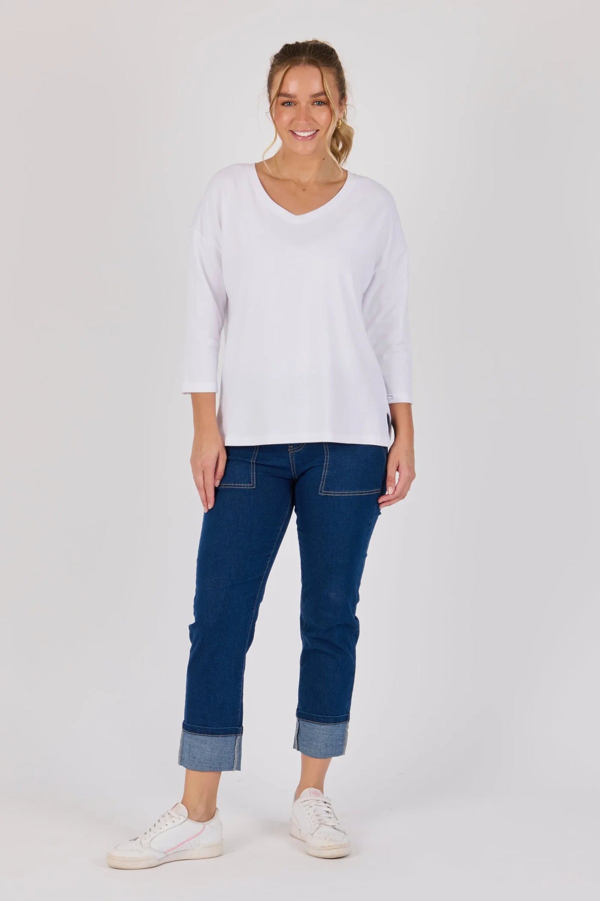 V Neck 3/4 Cuff Sleeve Top - White