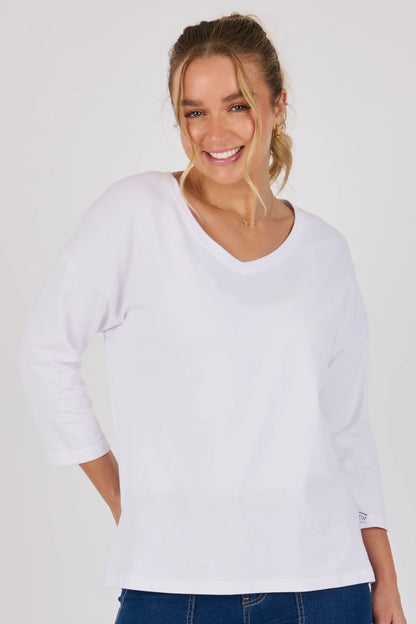 V Neck 3/4 Cuff Sleeve Top - White