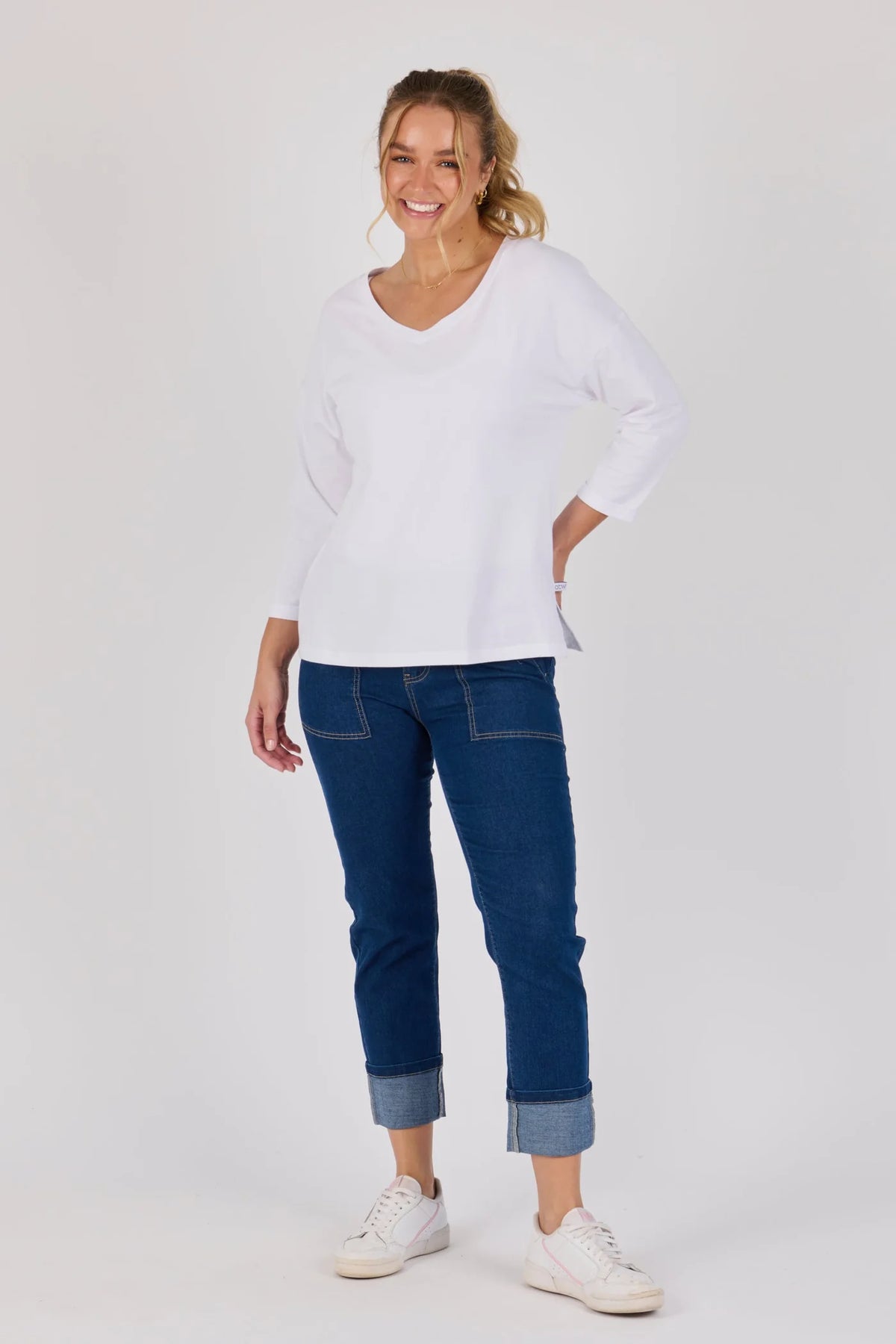 V Neck 3/4 Cuff Sleeve Top - White
